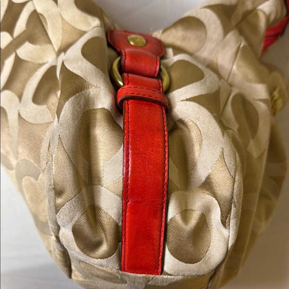 Coach Tan and Orange Signature Monogram Bag featuring Carriage logo on front. - Picture 7 of 16